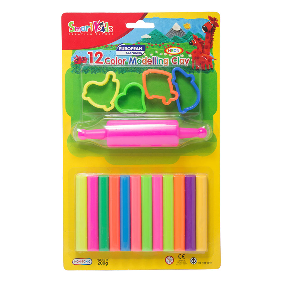 Sáp Nặn Học Tập 12 Màu Neon SMARTKIDS (4 Khuôn + 1 Cây Lăn) SK-BL12M5N