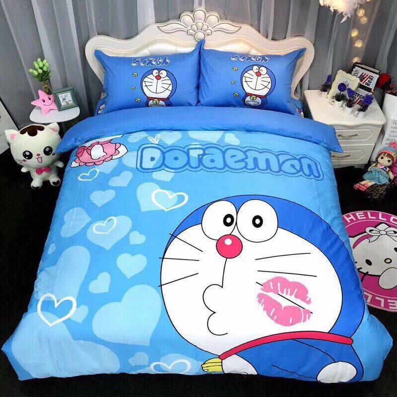 BỘ CHĂN GA COTTON HỌA TIẾT MÈO MÁY DOREMON DỄ THƯƠNG
