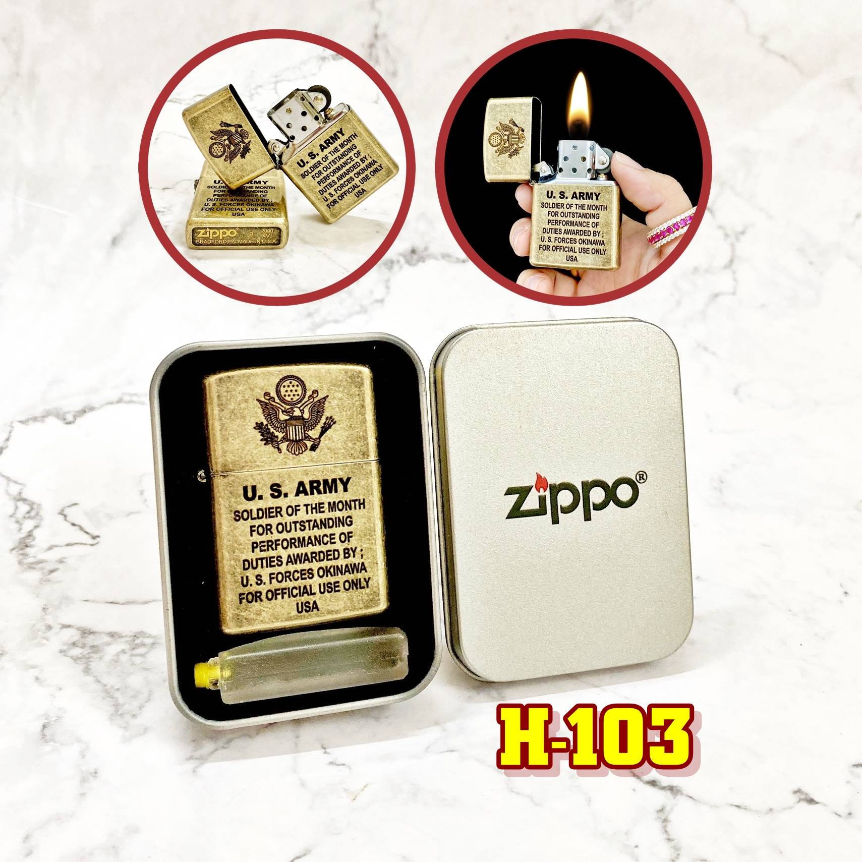 Hộp quẹt bật lửa Zipo vàng cổ U.S Army (Quân đội Mỹ) (có mộc đáy) - (hộp thiếc kèm xăng) H-103