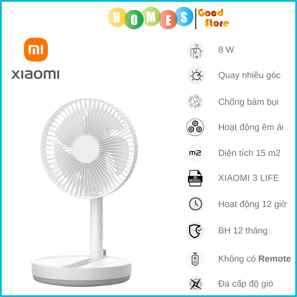 Quạt Tích Điện Gấp Gọn Mini XIAOMI 3LIFE Phiên Bản 2023, Không Gian Sử Dụng 10-20m2 Sử Dụng 12 Giờ Liên Tục - Hàng chính hãng