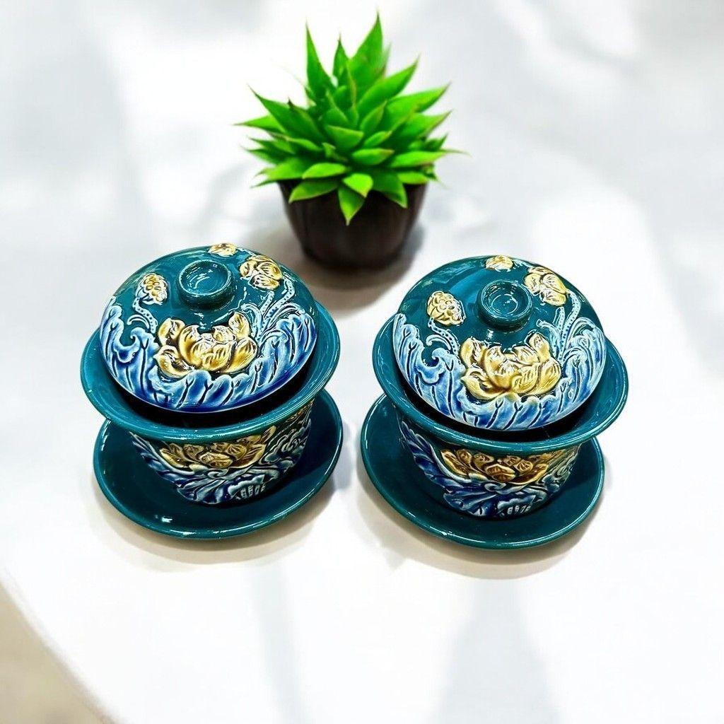 Bát sâm gốm sứ Men Xanh Lục Bảo Đắp Nổi Rồng Việt, đồ thờ cúng Bát Tràng cao cấp