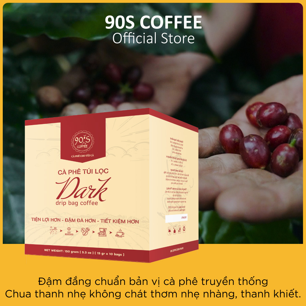 Cà Phê DARK - 90S Coffee | Hộp 10 Gói x 15g Cà Phê Phin Giấy Rang Xay Nguyên Chất Thượng Hạng