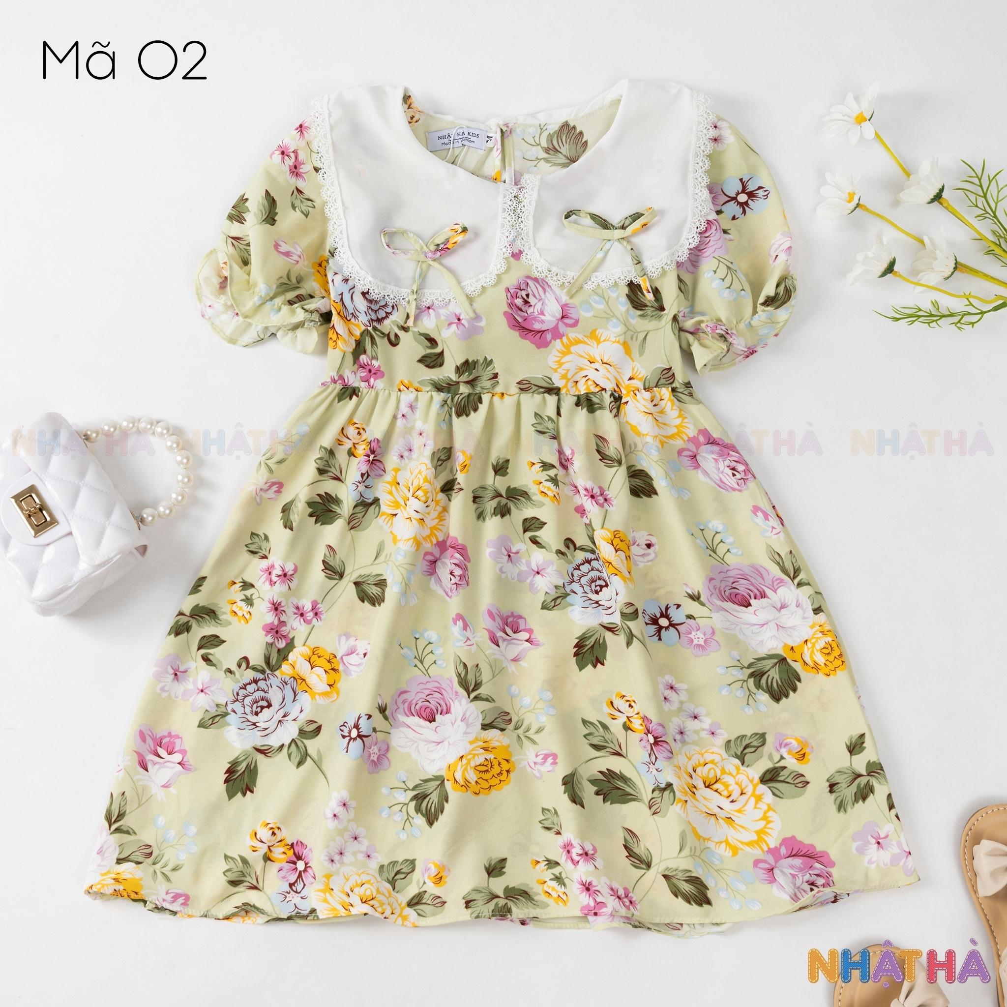 Váy bé gái dáng xòe O2 Chất Lanh Lụa Thoáng Mát Thiết kế cổ sen siêu dễ thương size đại từ 12-45kg