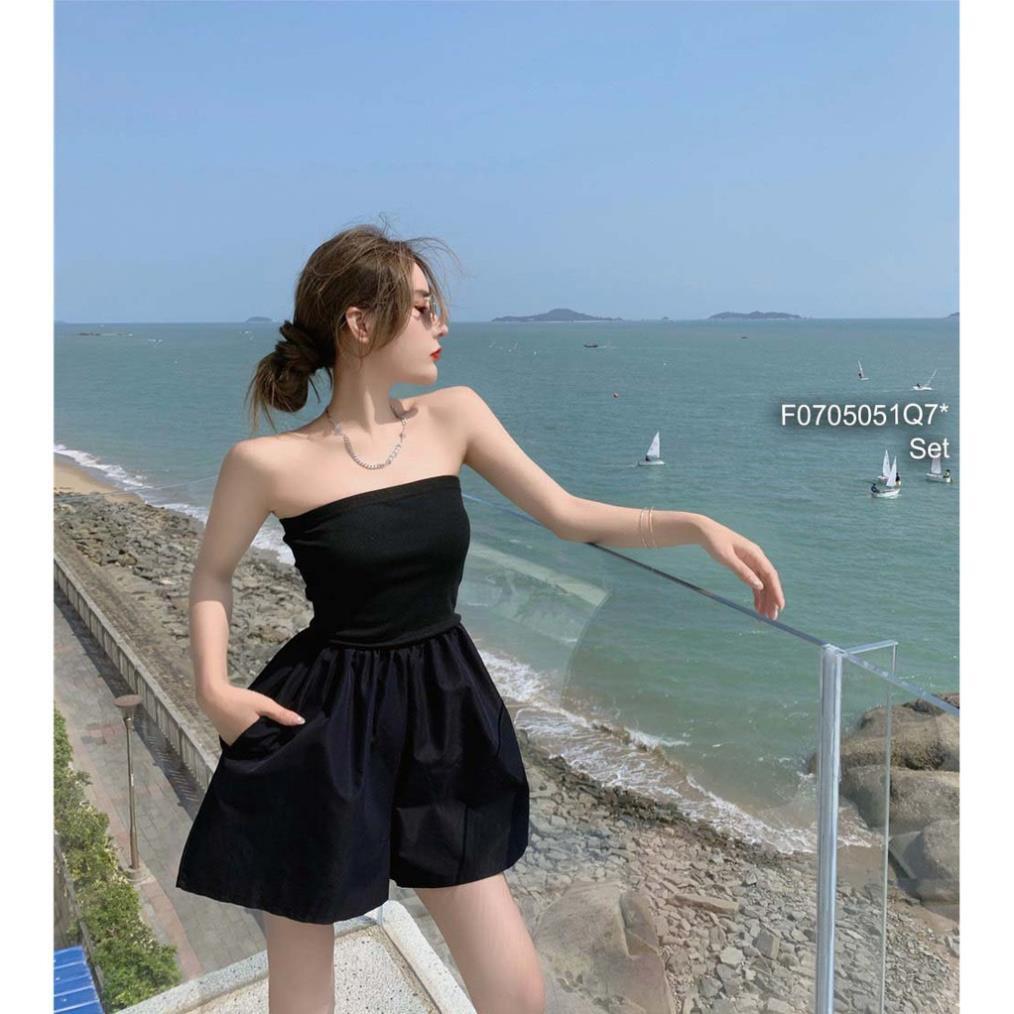 Bộ Jumpsuit Nữ Quần Cộc Áo Vest Đũi Set Trang Phục Nữ Quần Ngắn Áo Quây Kèm Áo Khoác Ngoài 2 Màu