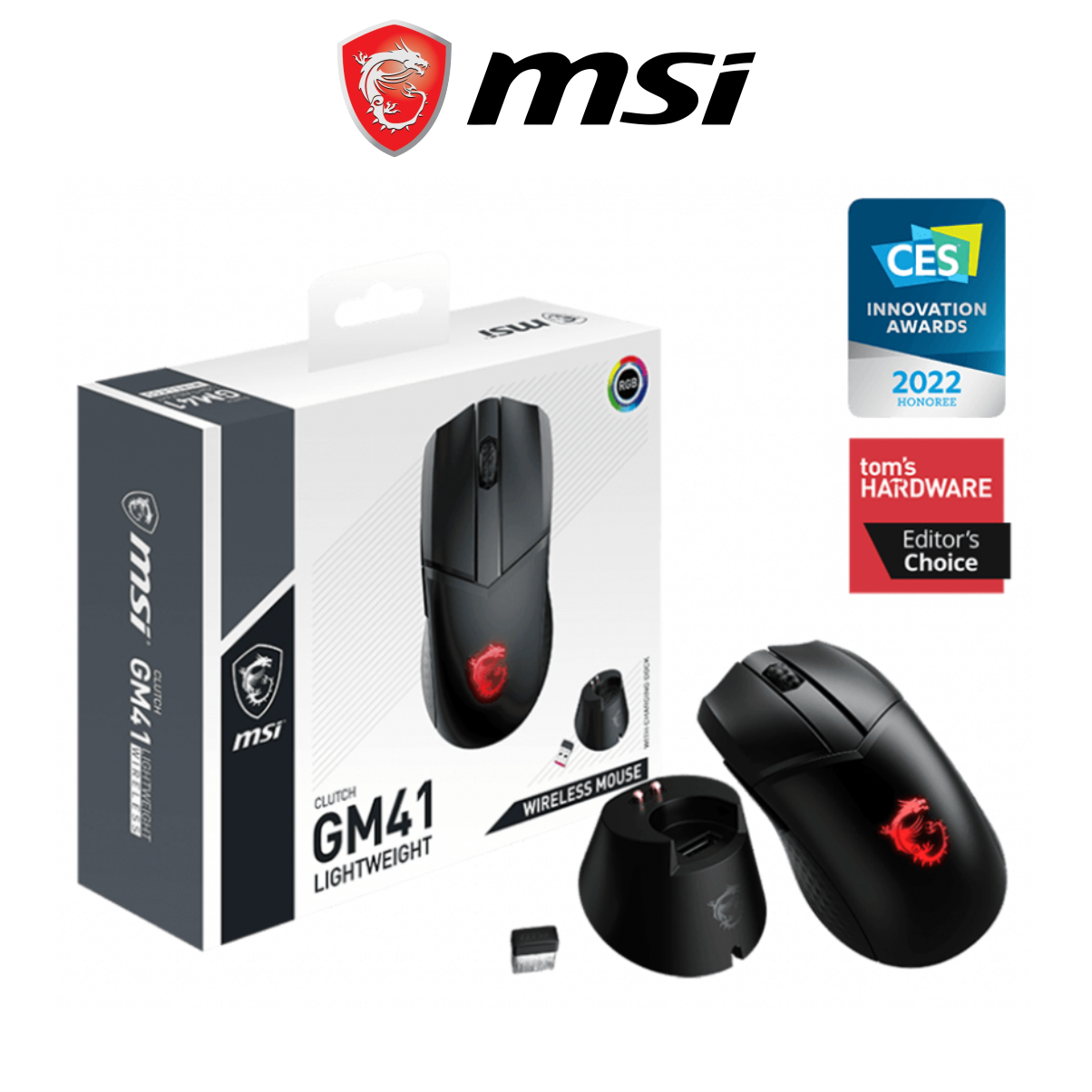 Chuột Gaming Không Dây MSI GM41 Lightweight Đèn LED RGB, 6 Nút, 6400 DPI Với 6 Mức DPI Kèm Dây Dù USB 2M - Hàng Chính Hãng