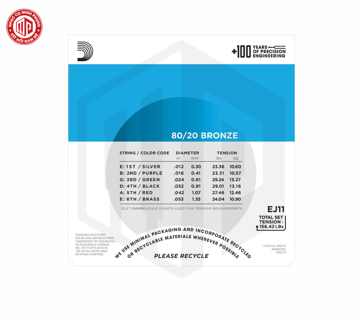 Bộ dây đàn Guitar Acoustic - D'Addario EJ11 - 80/20 Bronze, Light Gauge .012-.053 (12-53) - Hàng chính hãng