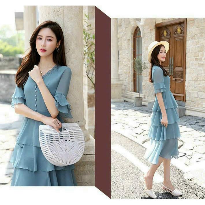 Đầm váy voan trung niên dự tiệc dạo phố 4 tầng đơn giản xanh hồng sang trọng