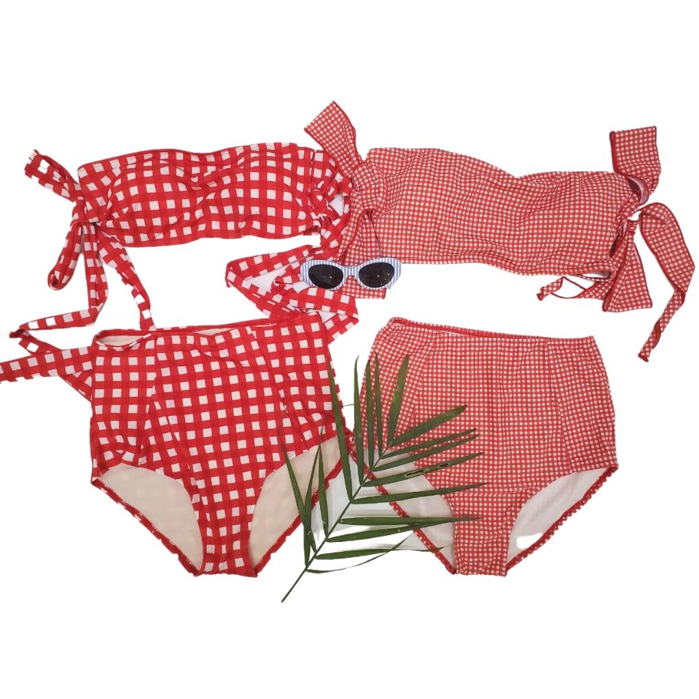 Bikini, Đồ Bơi Đi Biển Hai Mảnh Caro Nơ Vai Đỏ Quần Cạp Cao ODERI HM-017