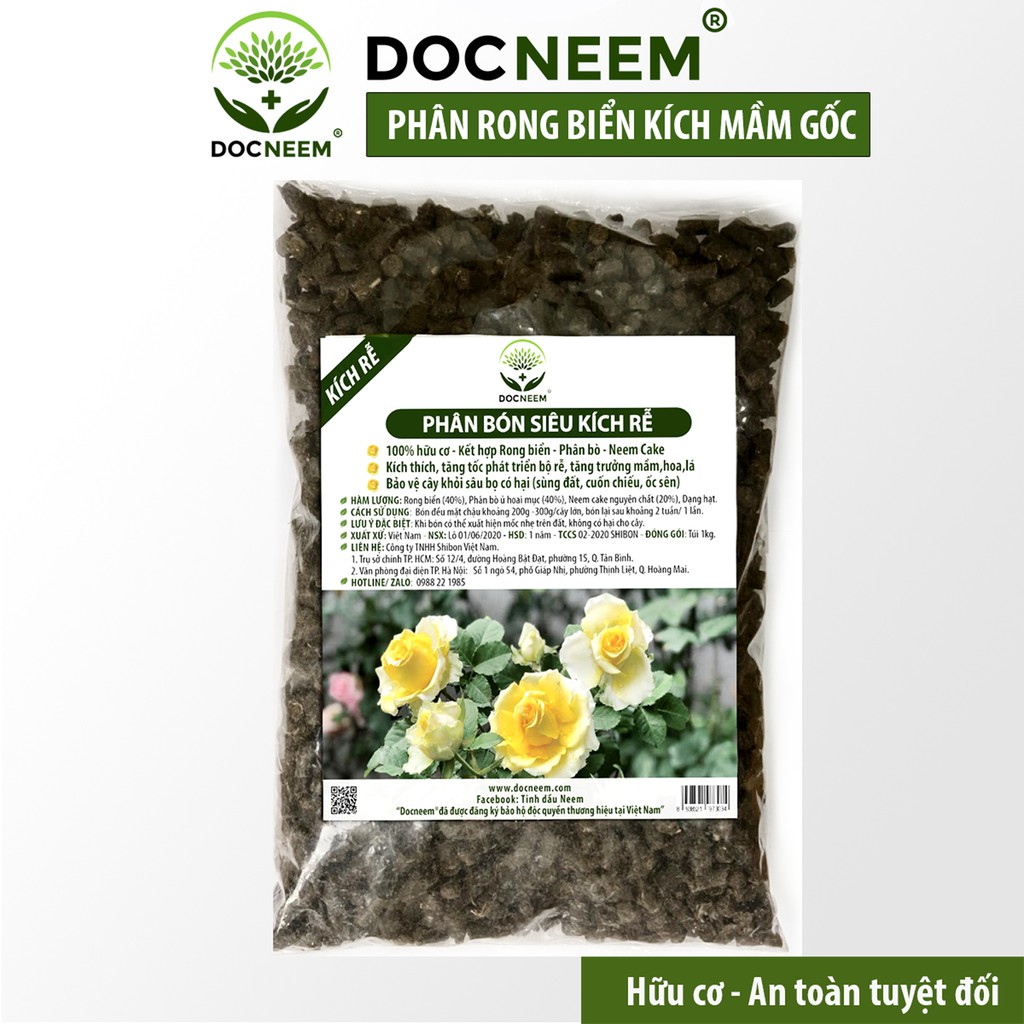 Phân bón hữu cơ rong biển DOCNEEM túi 1kg, kết hợp neem cake kích rễ mầm lá, cho Hoa hồng, phong lan, cây cảnh, rau sạch