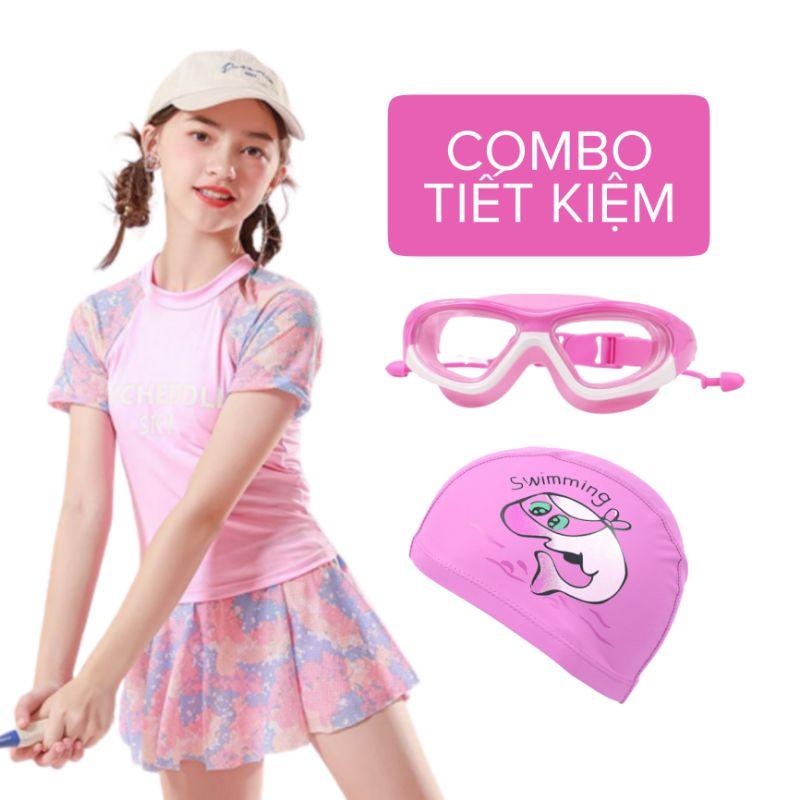 [HOẢ TỐC] Combo đồ bơi bé gái gồm áo váy bơi, mũ bơi, kính bơi bé gái Nemo Bikini - CBG1 - Hồng