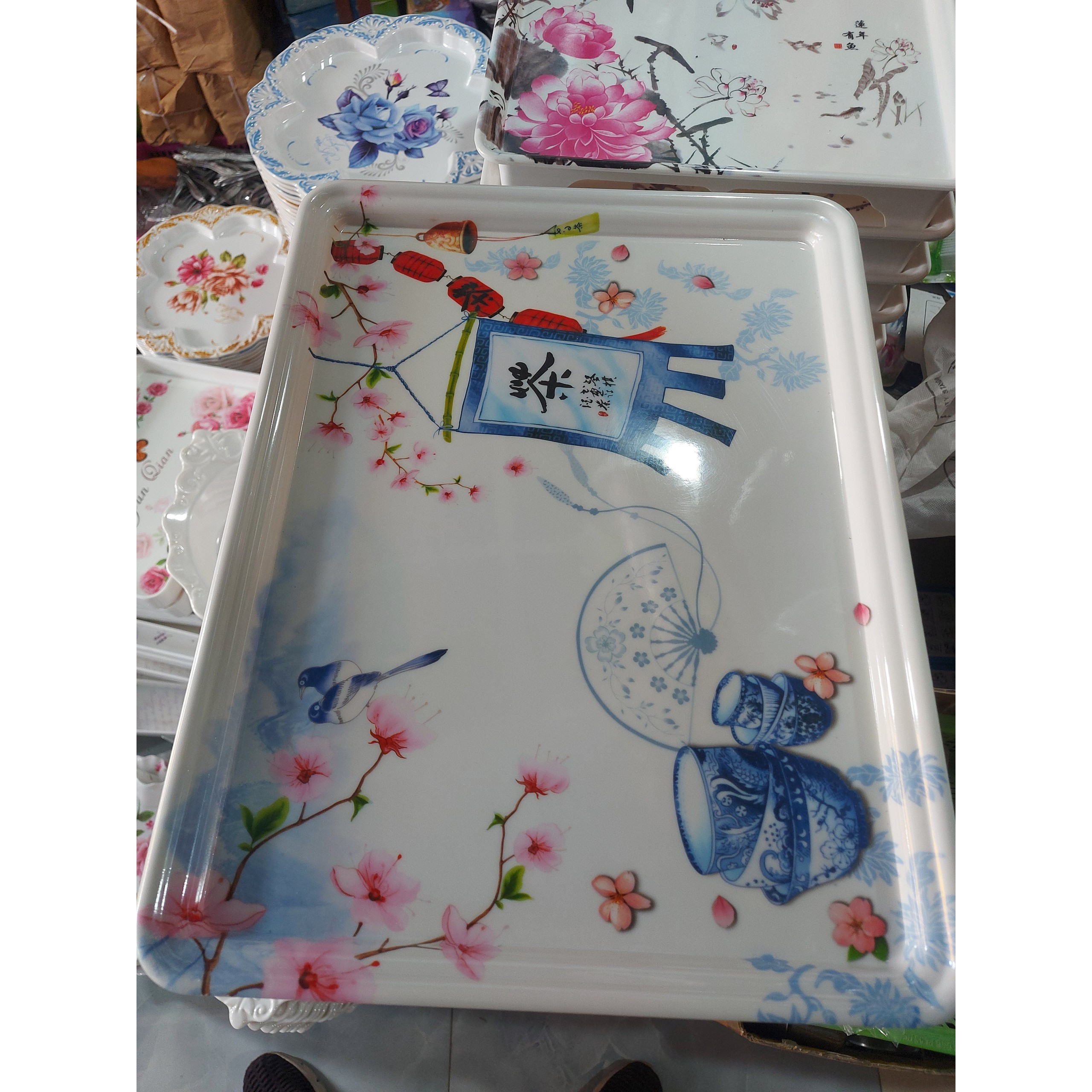 Khay melamine hoạ tiết hoa cao cấp size to
