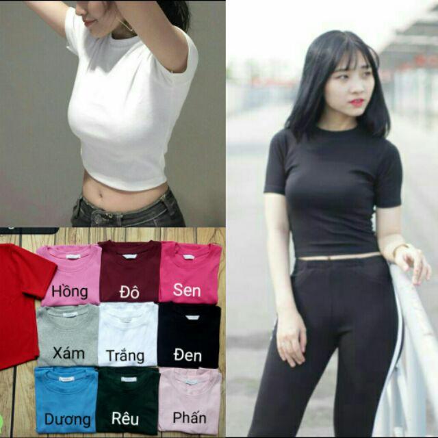 Hình ảnh  Áo croptop ôm body ngắn tay, áo thun croptop trơn cổ tròn dáng ôm