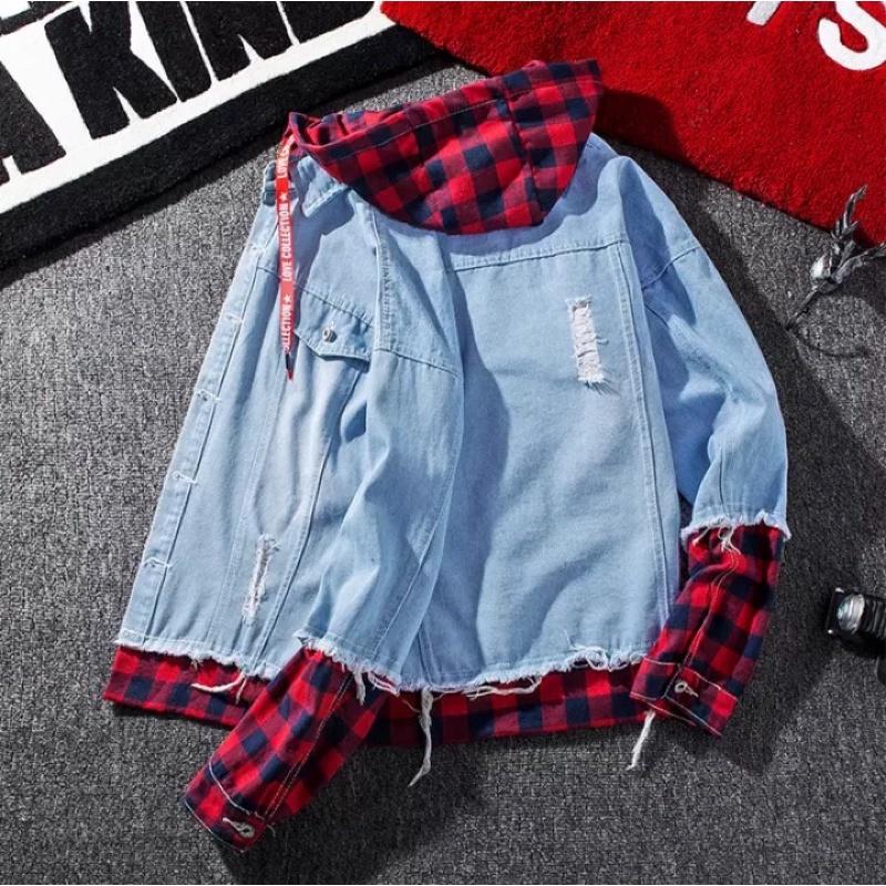 Áo khoác jeans xanh nữ nón đỏ sơmi caro sumisu shop