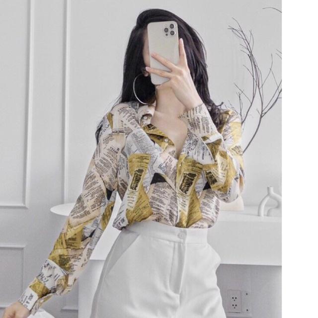 Áo Sơ Mi Lụa họa tiết chữ vàng form dài