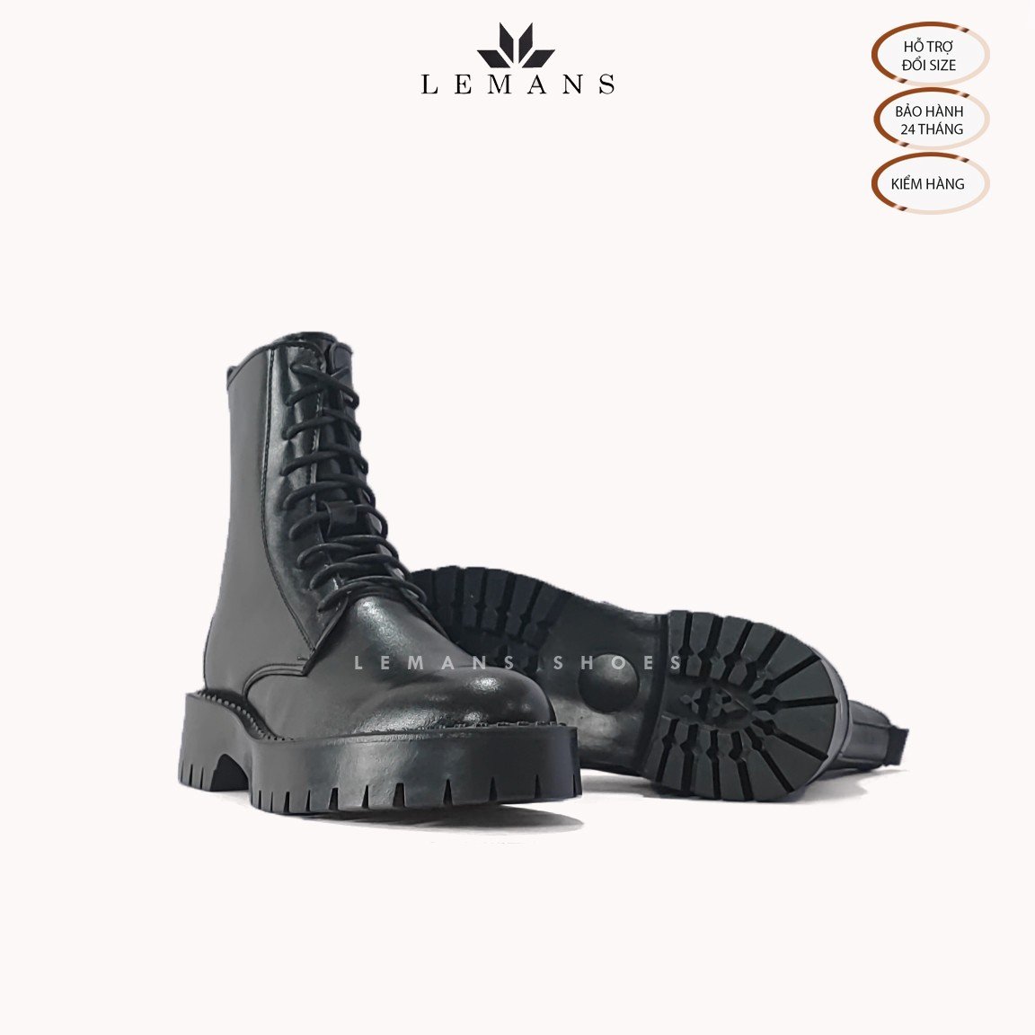 Giày da bò Chunky COMBAT Boots LEMANS nam - Đế Chunky cao 4.5cm - Khóa YKK - Bảo hành 24 tháng