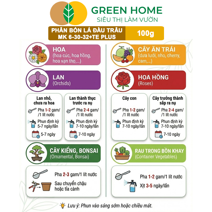 Phân Bón Lá Đầu Trâu 6-30-32 GreenHome, HŨ 100gr, MK 007, Siêu Ra Hoa Màu Rực Rỡ Chuyên Hoa Lan Hồng