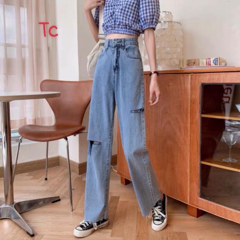 Quần Jeans Bò Nữ Ống Rộng Rách Hông &amp; Gối Sẻ Đôi