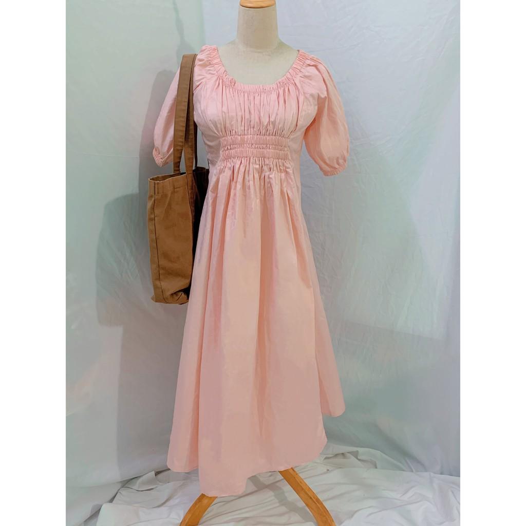 Đầm Dài Midi Cổ Vuông Bo Nhún Tay Ulzzang