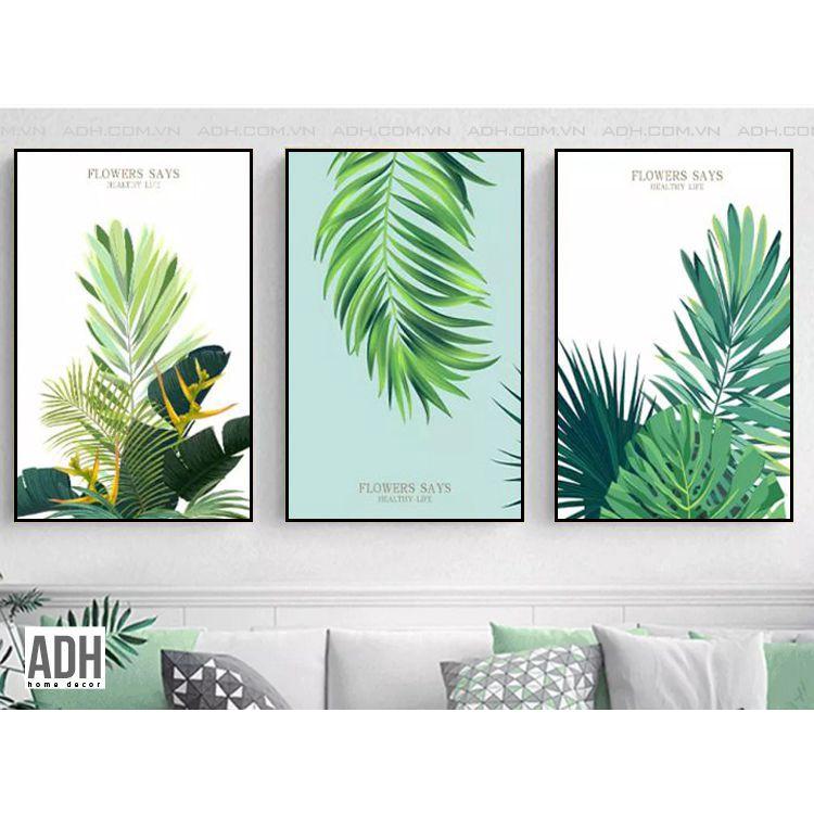 Bộ 3 tranh khung canvas treo tường lá cây nhiệt đới