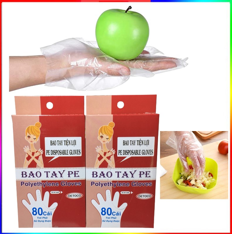 Combo 2 hộp bao tay Detoco chế biến thực phẩm, dược phẩm, phòng thí nghiệm, Y tế, nhựa PE chính phẩm 80 cái/hộp.