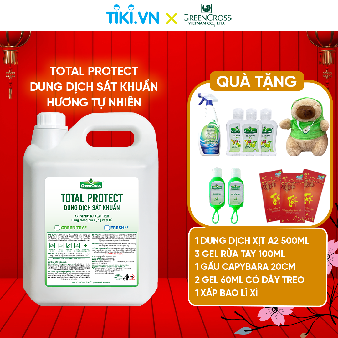 [Combo 1 Tặng 8] Nước rửa tay kháng khuẩn vượt trội Green Cross Total Protect Can 5L Tiết kiệm