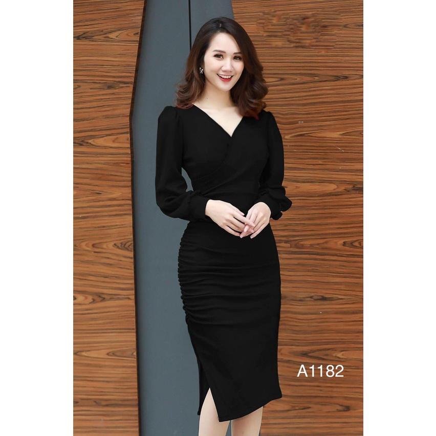 Váy body nhúm dáng ôm tay dài cổ tim CHERRY đầm body công sở sang trọng A1182