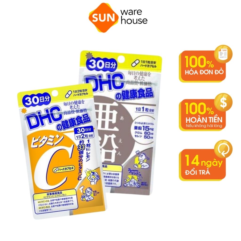 Combo Viên Uống DHC Vitamin C Và Kẽm ZinC Hỗ Trợ Giảm Mụn, Mờ Thâm Hiệu Quả Cho Làn Da Tươi Trẻ 30 Ngày Uống