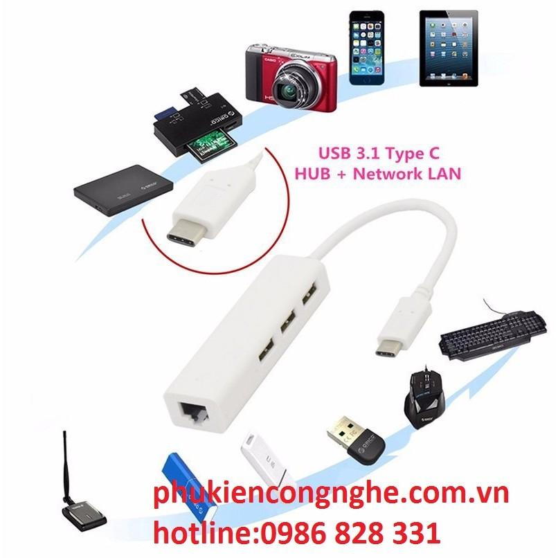 Cáp chuyển USB Type-C ra LAN hỗ trợ 3 cổng USB