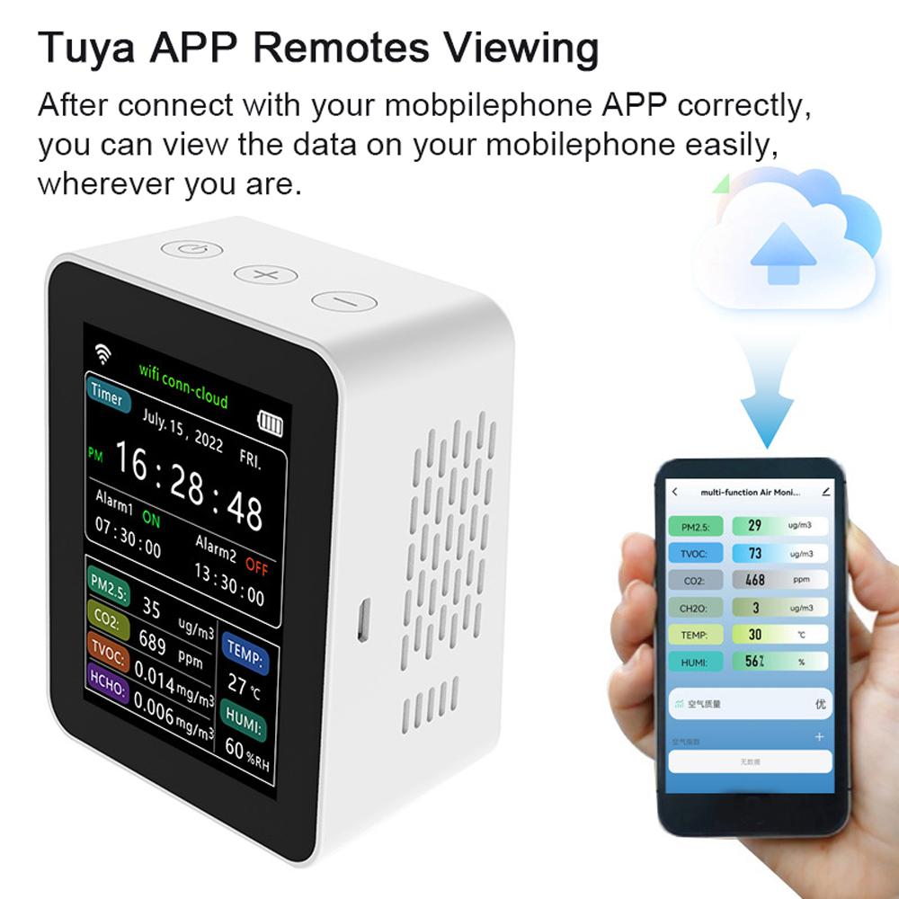 Tuya WiFi Intelligent Air Quality Detector PM2.5 CO2 TVOC HCHO Temperature Humidity 6 In 1 Detector Time Date Week Display Mobilephone APP Remotes Viewing 2 Sets Alarm Clock Home Indoor Desktop Air Quality Monitor