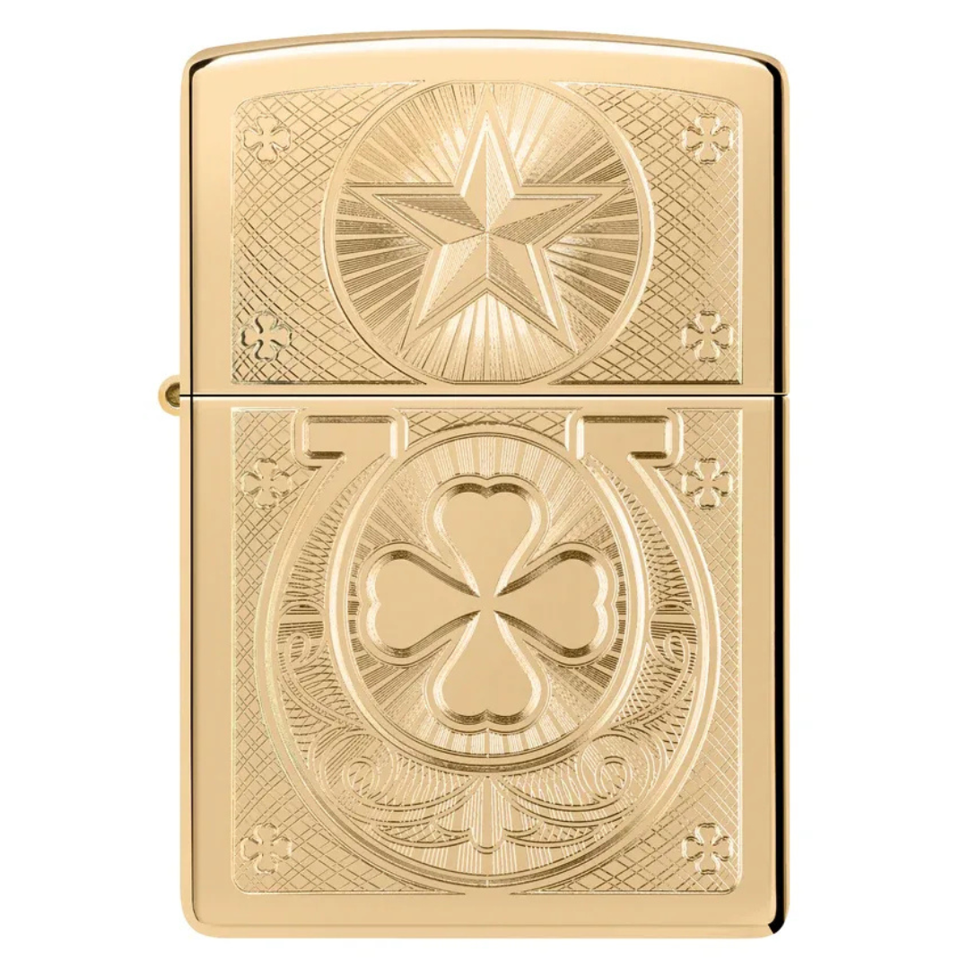 Bật Lửa Zippo Lucky Horseshoe 46854 - Thiết Kế Móng Ngựa &amp; Cỏ 4 Lá May Mắn - Đồng Thau Bóng Chính Hãng