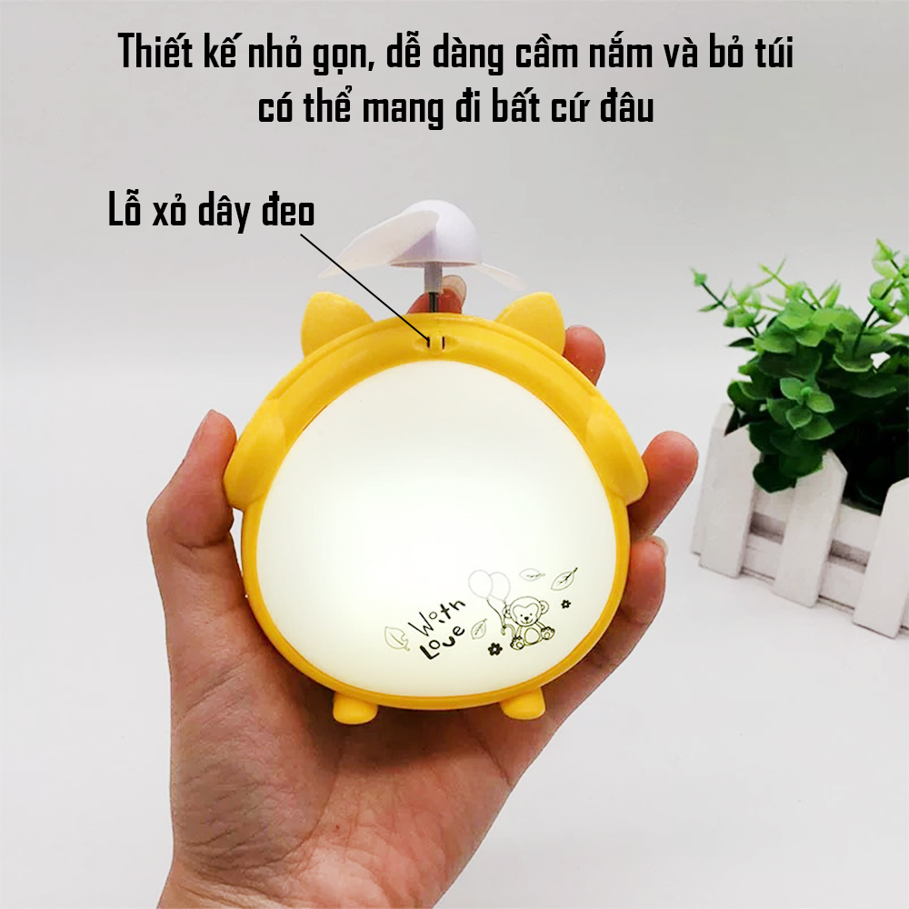 Quạt Mini Tích Điện, 2 trong 1, Tích Hợp Đèn Ngủ, Nhỏ Gọn, Tiện Lợi - Cánh Quạt Mềm, Không Gây Ồn, Không Gây Sát Thương - Sạc Bằng Cổng USB - Tặng Kèm Dây Đeo mẫu ngẫu nhiên