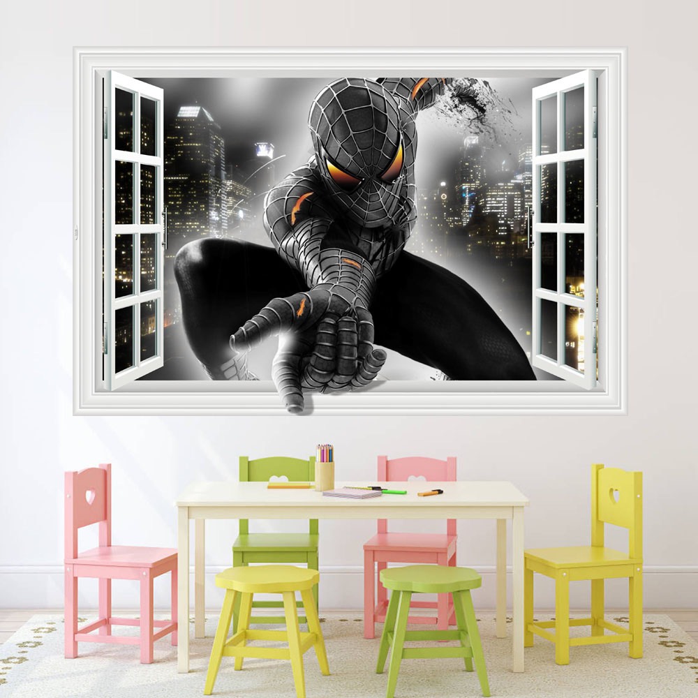 Decal trang trí tường - Cửa sổ 3D người nhện đen