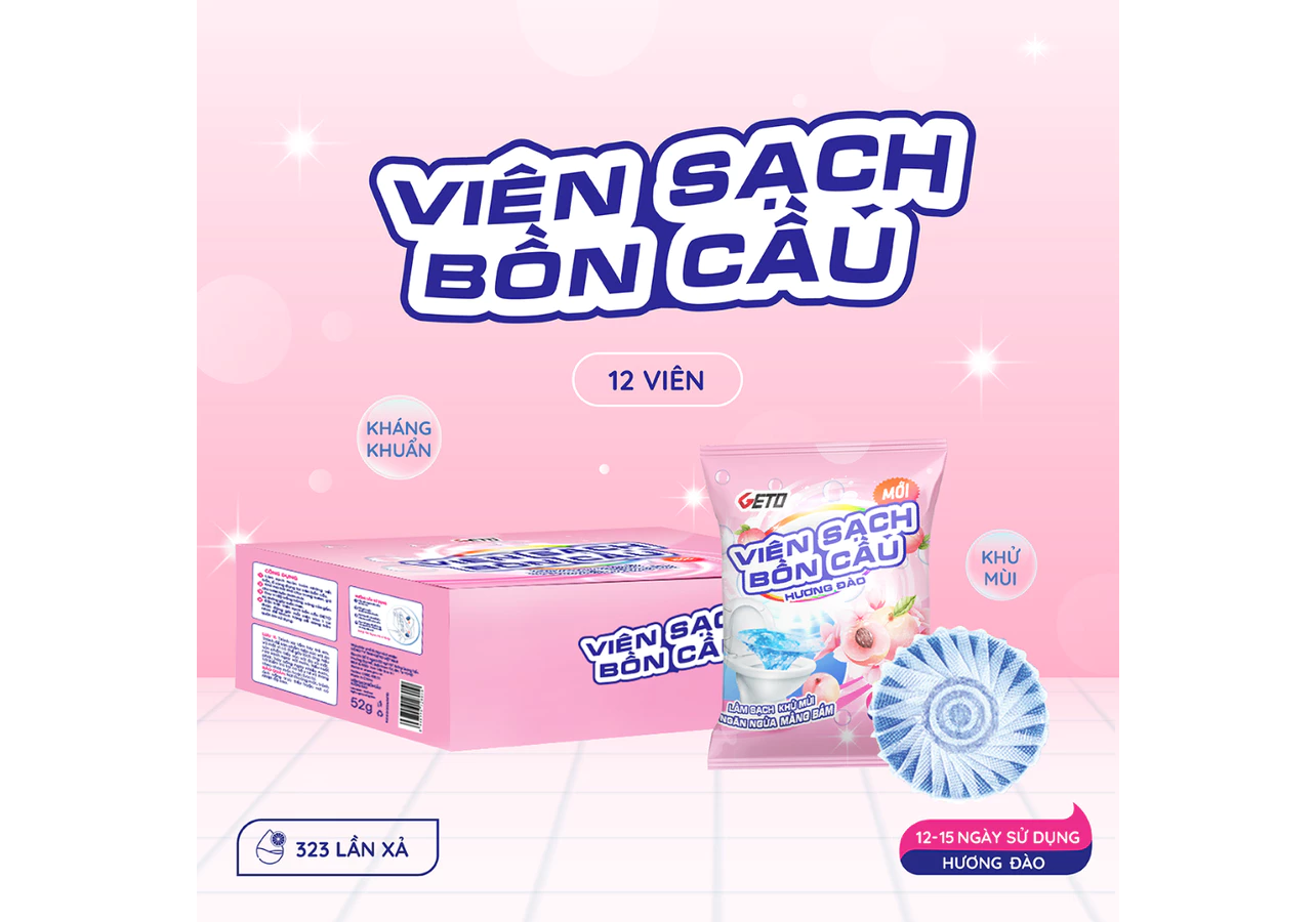 Viên sạch bồn cầu Geto sạch khuẩn tẩy sạch mảng bám khử mùi diệt vi khuẩn toilet- Hương đào