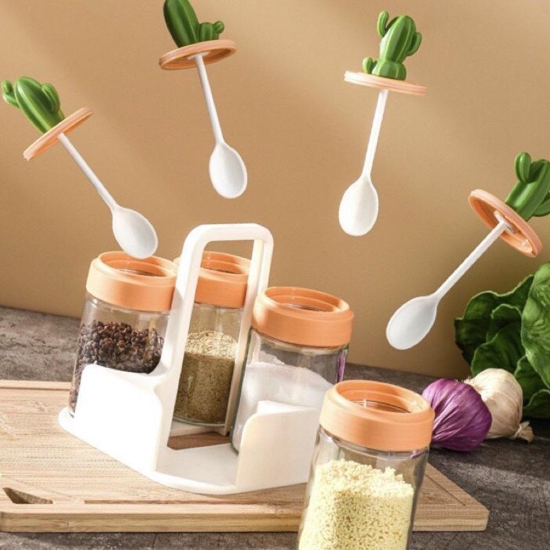 Hộp Đựng Gia Vị Bằng Thủy Tinh - Bộ 4 Hộp Hình Xương Rồng Kèm Khay Đựng Siêu Xinh
