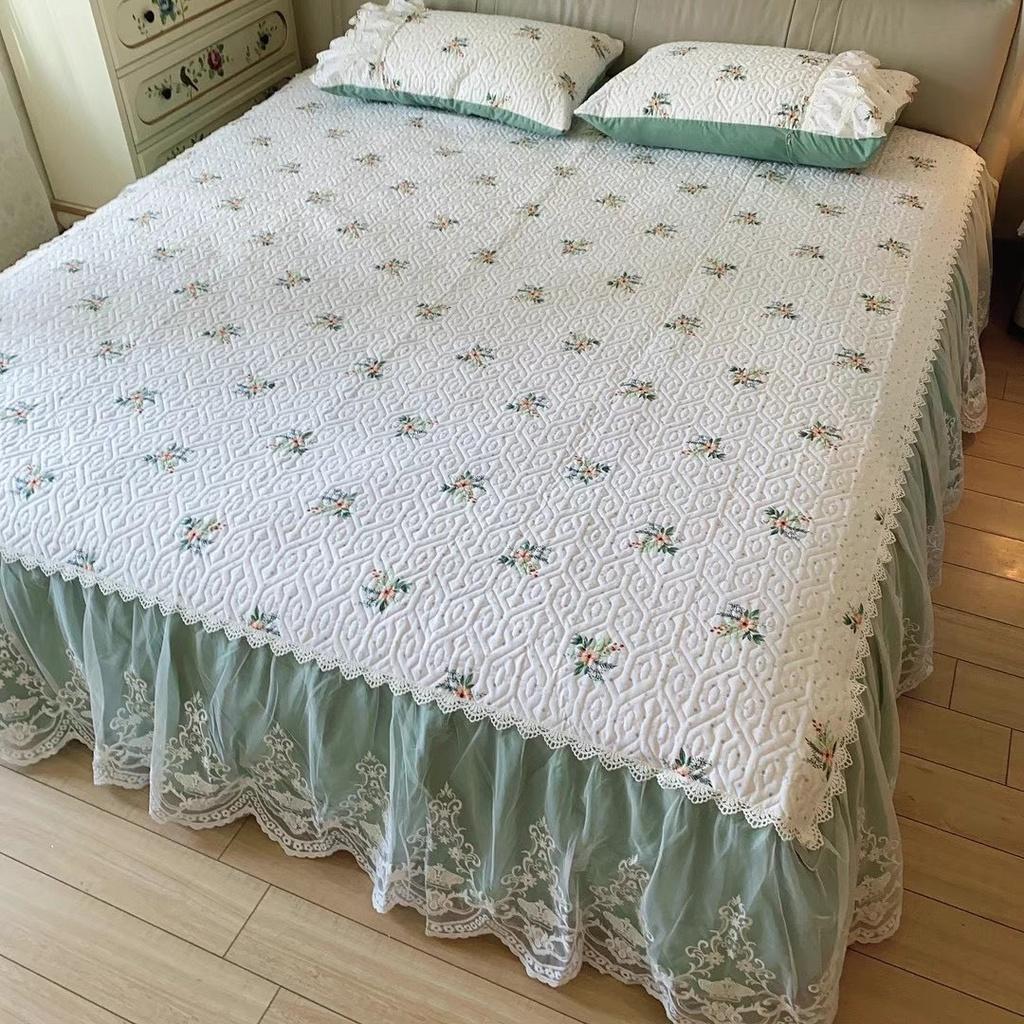 Bộ Ga Gối Phủ Cotton Trần Bông 3 Lớp - Ga Phủ Viền Bèo Đính Ren Công Chúa Hàng Nhập Khẩu