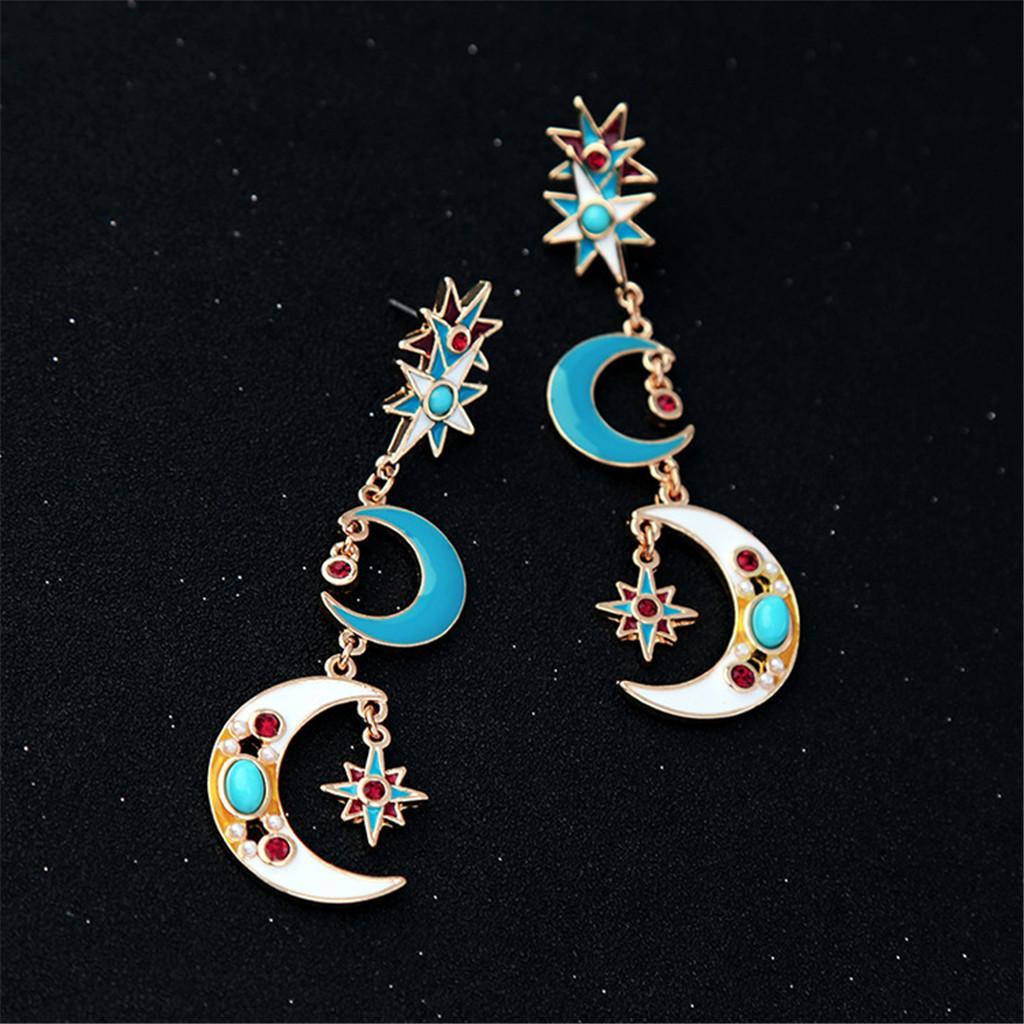 Trendy Enamel Charms Earrings Gold Stars Moon Dangle Earrings