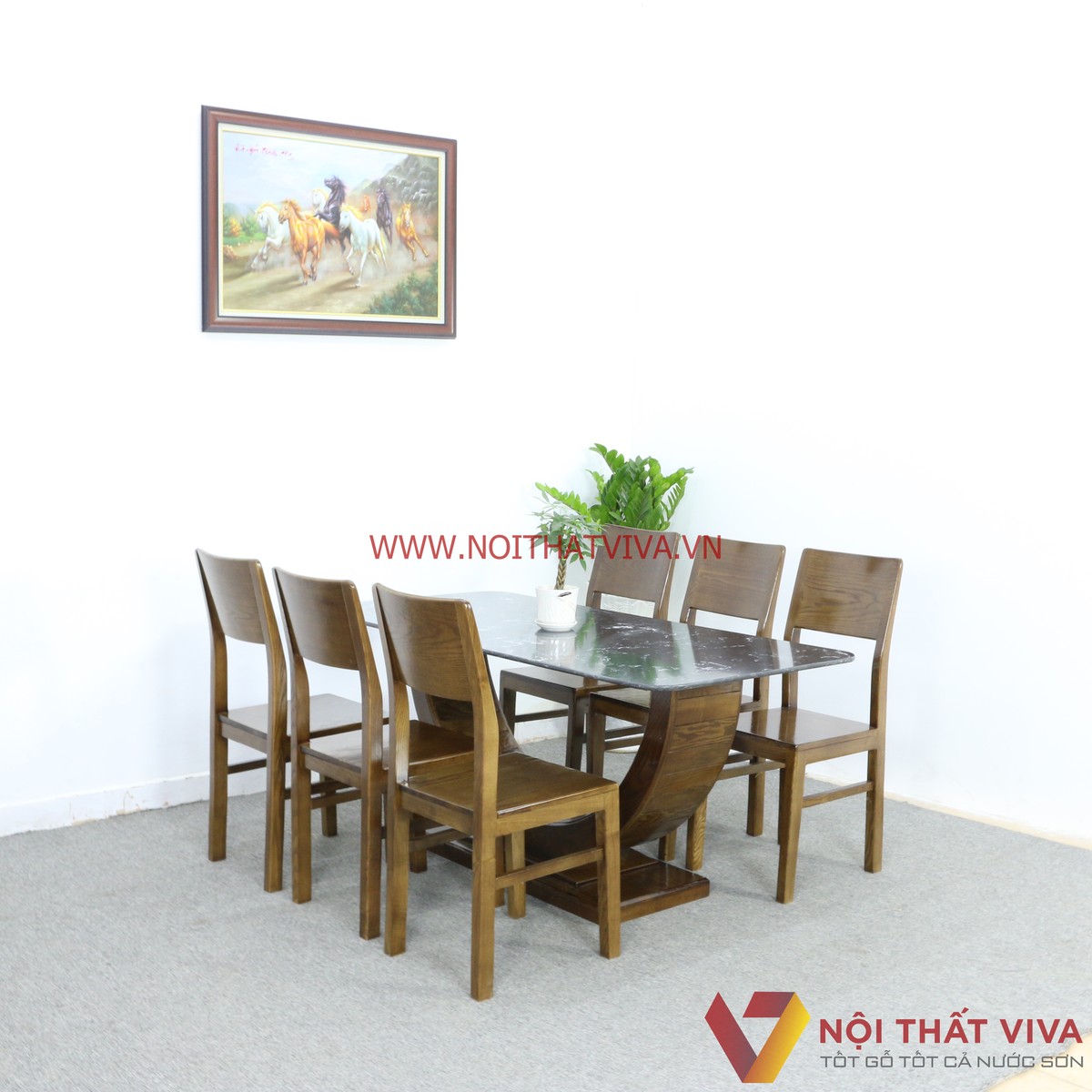 Bộ Bàn Ăn 6 Ghế Gỗ Sồi Nga Màu Óc Chó Mặt Đá Đen Tự Nhiên Sang Trọng