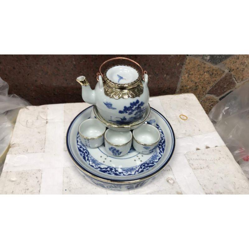 Ấm chén men lam vẽ Trúc Lâm Thất Hiền