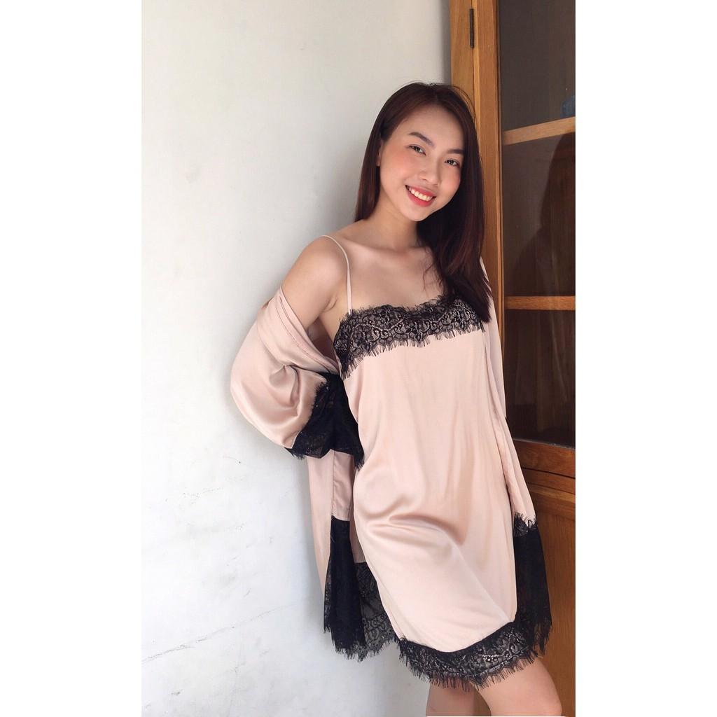 Váy ngủ lụa xuông phối ren tặng kèm quần chip ren 2 màu nude và hồng