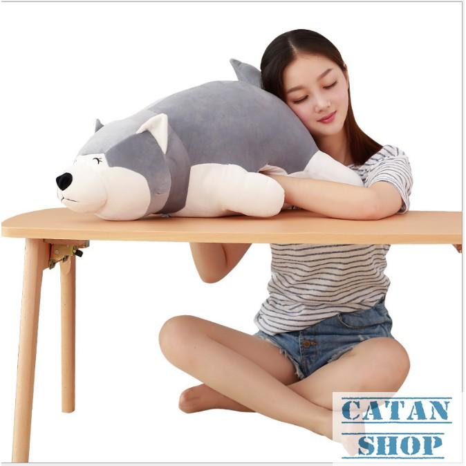 Gấu bông kèm mền, Gối mền chó Husky khăn quàng đỏ dai 60cm , nỉ nhung cực mịn