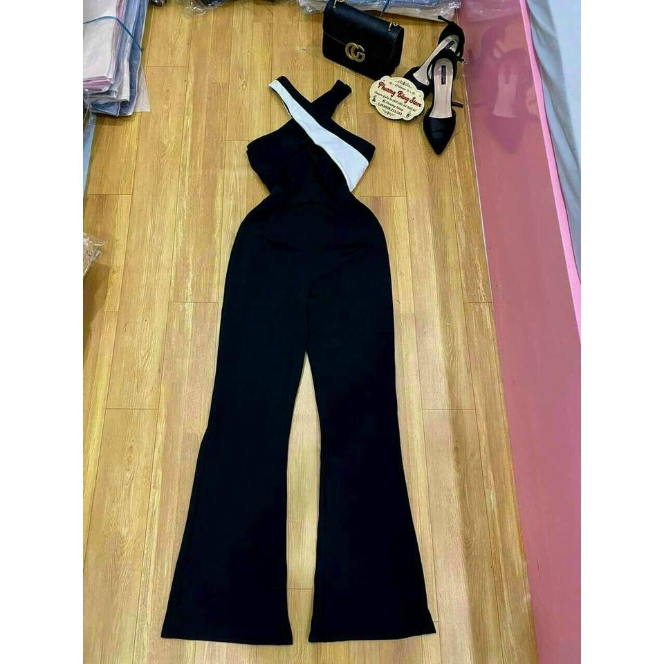 Jumpsuit dài cổ yếm dây chéo phối màu sang chảnh