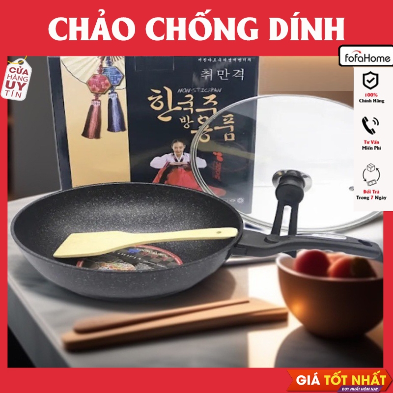 Chảo Chống Dính Sâu Lòng, Chảo Vân Đá Có Nắp Kính, Dùng Được Các Loại Bếp Tặng Kèm Muỗi Gỗ