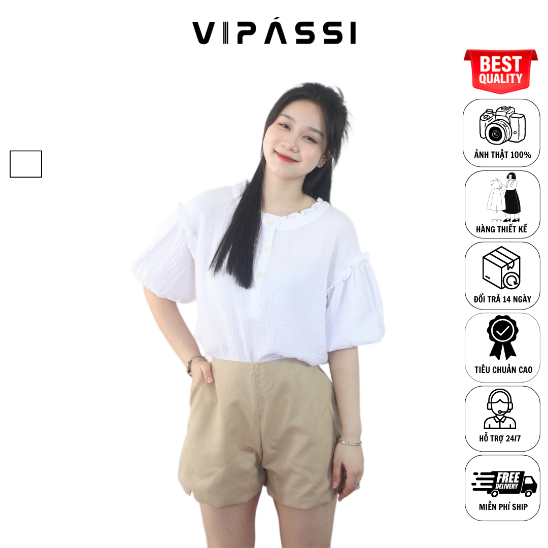 VIPÁSSI Áo Baby Cotton Cổ Bèo Đính Nút Ngắn Tay Phòng Trắng