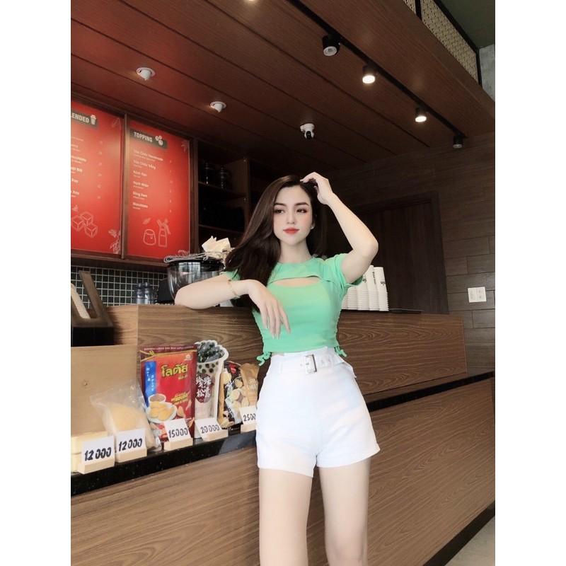 Áo croptop rút sườn cut out, kèm ảnh thật chụp sàn và mẫu mặc màu xanh
