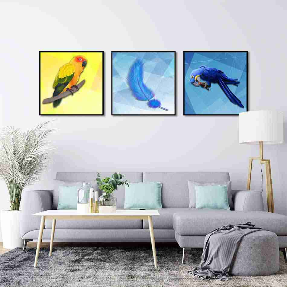 Bộ 3 tranh canvas treo tường Decor Họa tiết vẹt và lông vũ - DC141
