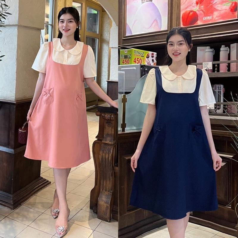 Đầm bầu yếm liền cổ sen phối túi đính nơ form suông thanh lịch chất cotton lạnh Váy Bầu Xinh - Nâu