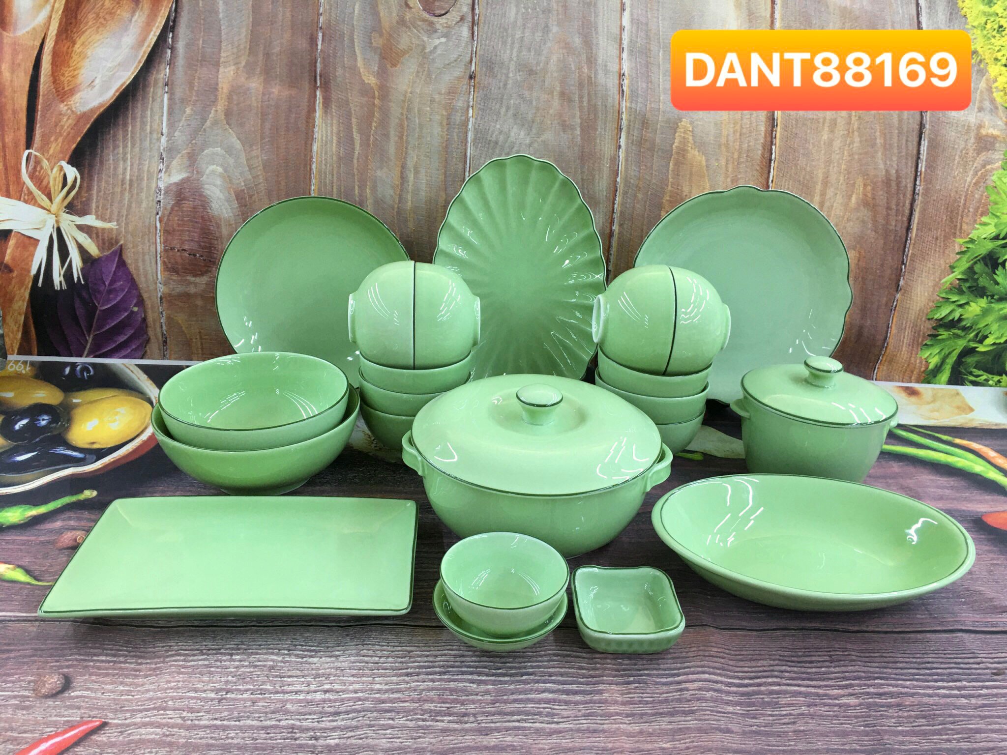 Bộ bát đĩa men ngọc 22-24 món - Gốm sứ Bát Tràng