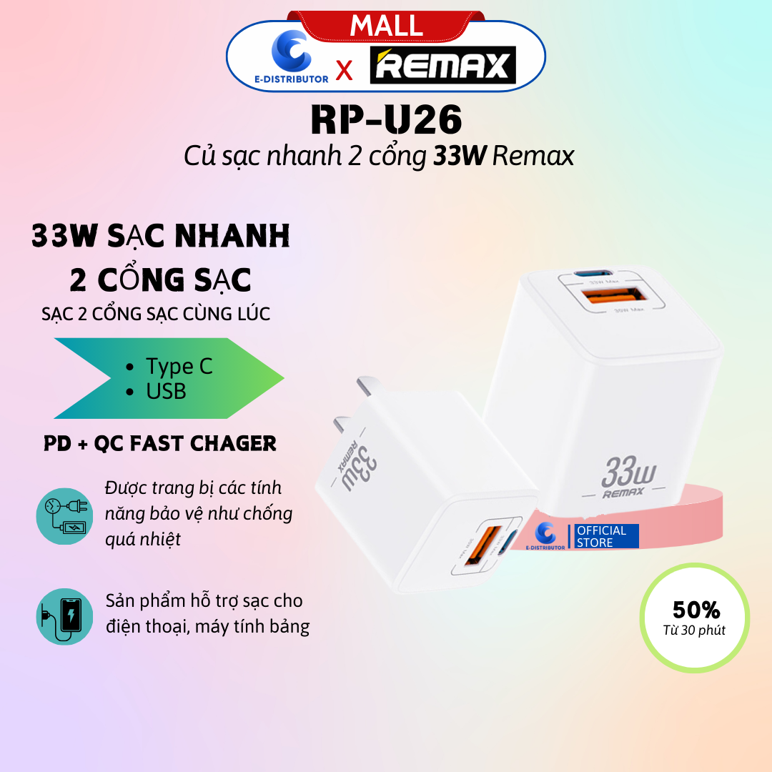 Củ sạc nhanh 2 cổng 33W Remax RP-U26 - hàng chính hãng - Bảo Hành 12 Tháng - sạc hai thiết bị cùng lúc tiện lợi