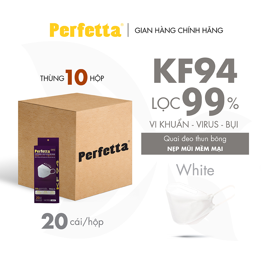 Thùng 200 Cái Khẩu Trang Y Tế Perfetta KF94 20 Cái/Hộp - Thanh Nẹp Mũi Mềm Mại