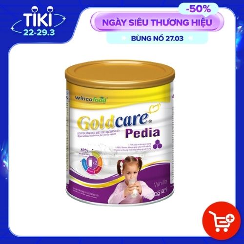 Sữa bột Wincofood Goldcare Pedia : dành cho trẻ biếng ăn, chậm lớn, sản phẩm phù hợp với trẻ từ 1 tuổi trở lên, bổ sung FOS giúp trẻ ăn ngon miệng, DHA , Taurine, Omega giúp phát triển trí não